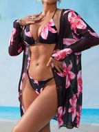 Conjunto Biquíni Cortininha Com Kimono Floral Moda Praia