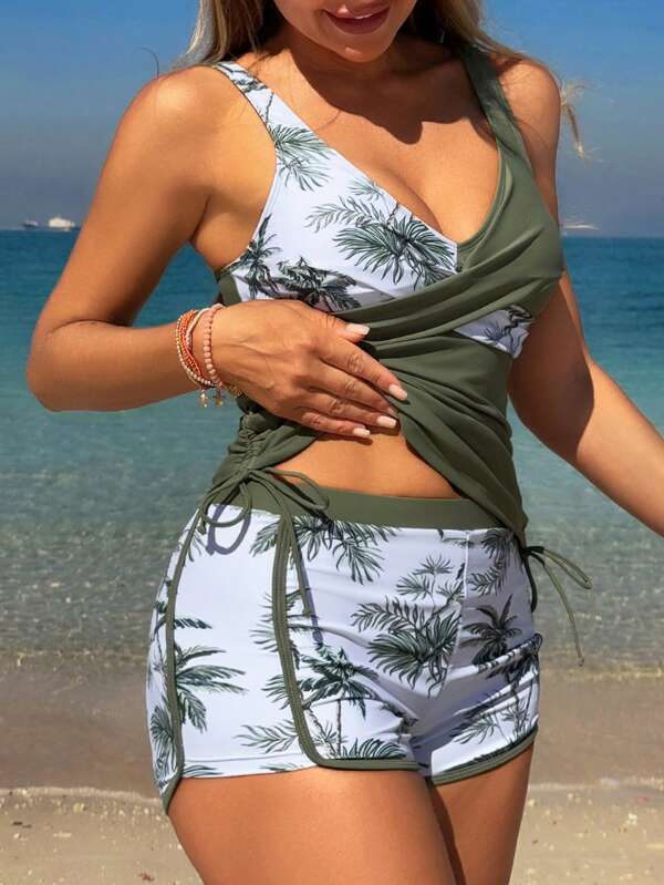 Tankini Com Short Decote V Transpasse Estampado Alças Largas