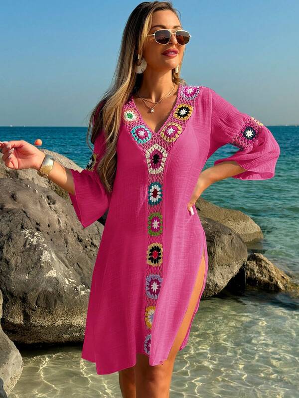 Saída De Praia Chemise Leve Com Bordado Em Crochê