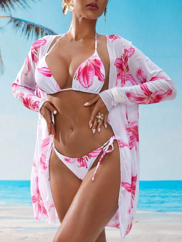 Conjunto Biquíni Cortininha Com Kimono Floral Moda Praia