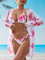 Conjunto Biquíni Cortininha Com Kimono Floral Moda Praia