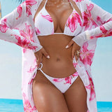 Conjunto Biquíni Cortininha Com Kimono Floral Moda Praia