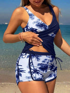 Tankini Com Short Decote V Transpasse Estampado Alças Largas