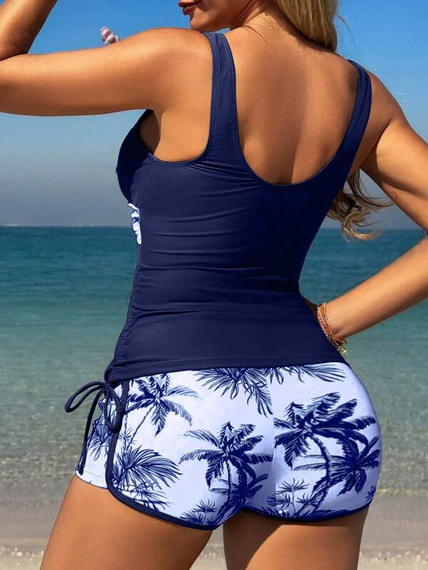 Tankini Com Short Decote V Transpasse Estampado Alças Largas