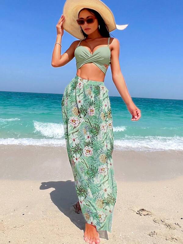 Conjunto Biquíni Top Transpassado Saia Pareô Tropical