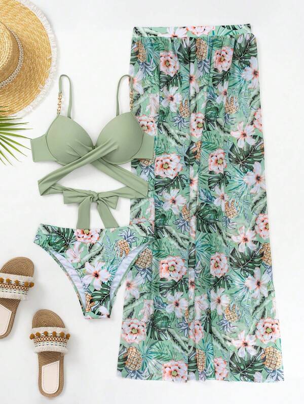 Conjunto Biquíni Top Transpassado Saia Pareô Tropical