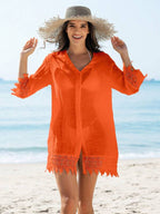 Saída De Praia Chemise Leve Com Renda E Botões