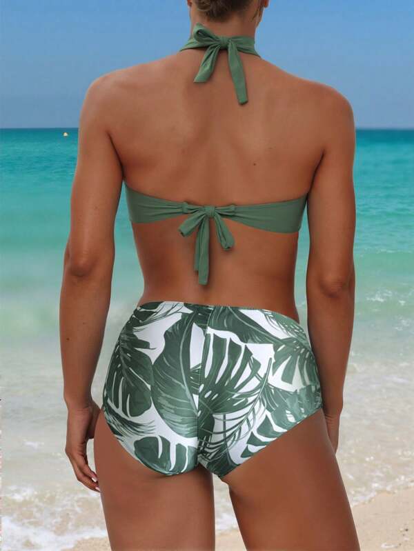 Tankini Frente Única Com Short Estampa Folhagem