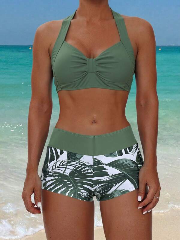 Tankini Frente Única Com Short Estampa Folhagem