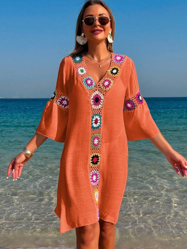 Saída De Praia Chemise Leve Com Bordado Em Crochê