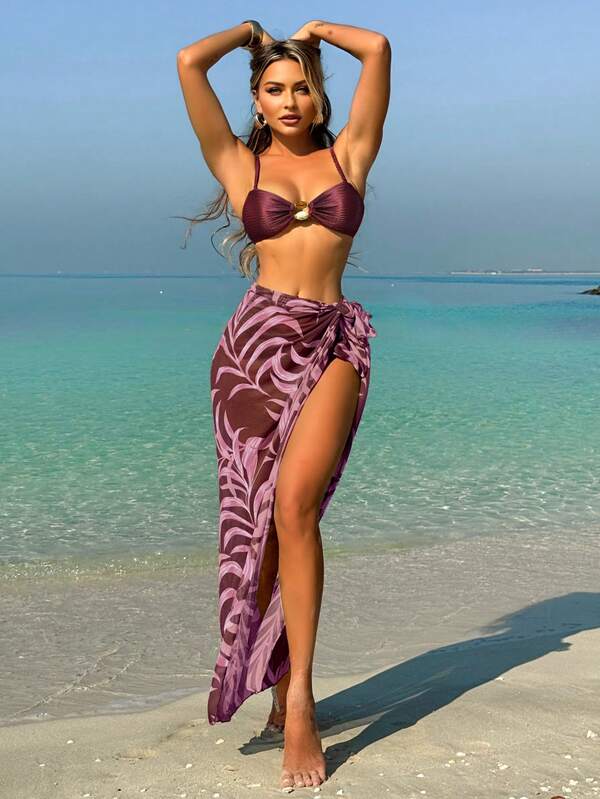 Conjunto Biquíni Texturizado Com Saia Pareô Folhagem Resort