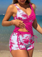 Tankini Com Short Decote V Transpasse Estampado Alças Largas