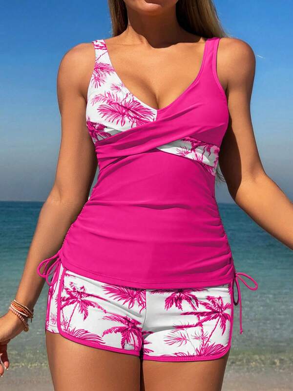 Tankini Com Short Decote V Transpasse Estampado Alças Largas
