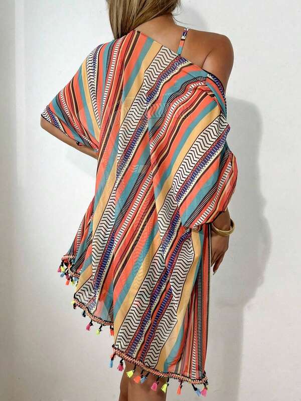Conjunto Biquíni Top Faixa Short E Kimono Estampado Resort
