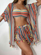Conjunto Biquíni Top Faixa Short E Kimono Estampado Resort