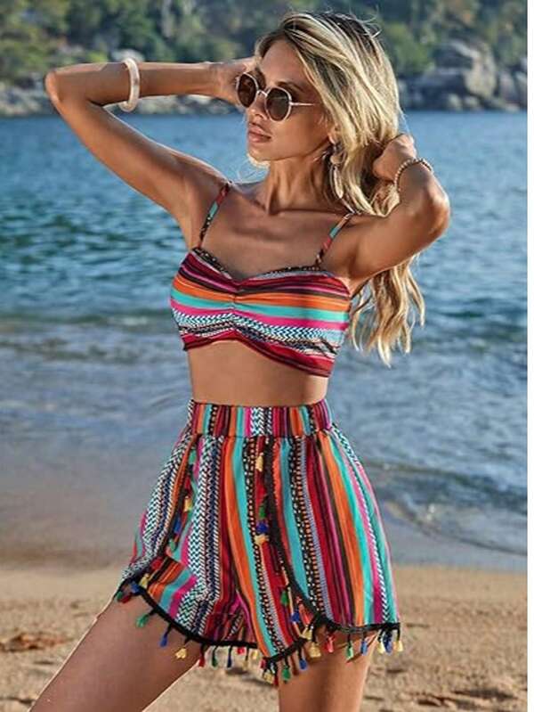 Conjunto Biquíni Top Faixa Short E Kimono Estampado Resort