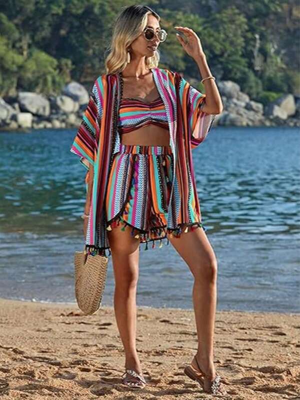 Conjunto Biquíni Top Faixa Short E Kimono Estampado Resort