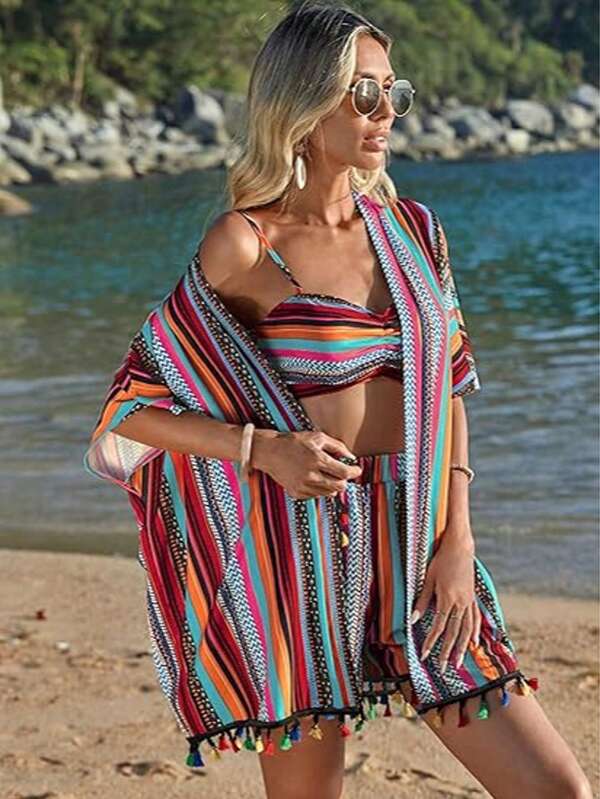 Conjunto Biquíni Top Faixa Short E Kimono Estampado Resort