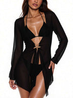 Saída De Praia Vestido Curto Transparente Manga Longa