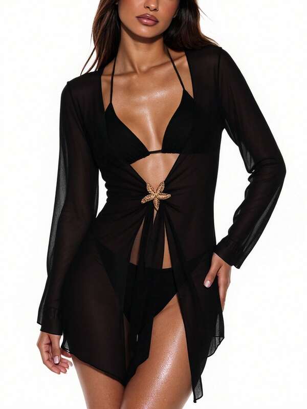 Saída De Praia Vestido Curto Transparente Manga Longa