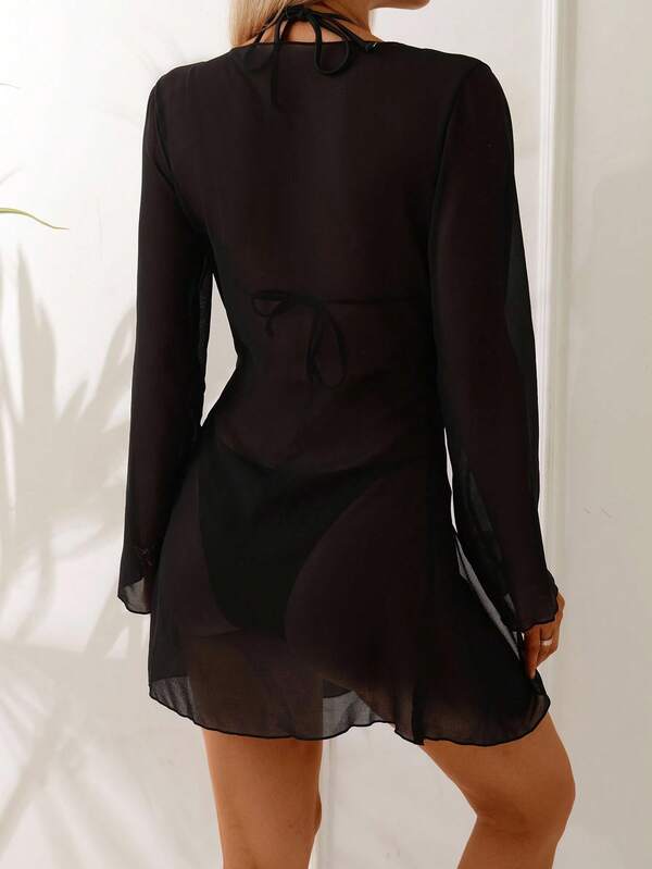 Saída De Praia Vestido Curto Transparente Manga Longa