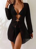 Saída De Praia Vestido Curto Transparente Manga Longa