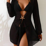 Saída De Praia Vestido Curto Transparente Manga Longa