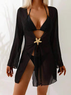 Saída De Praia Vestido Curto Transparente Manga Longa