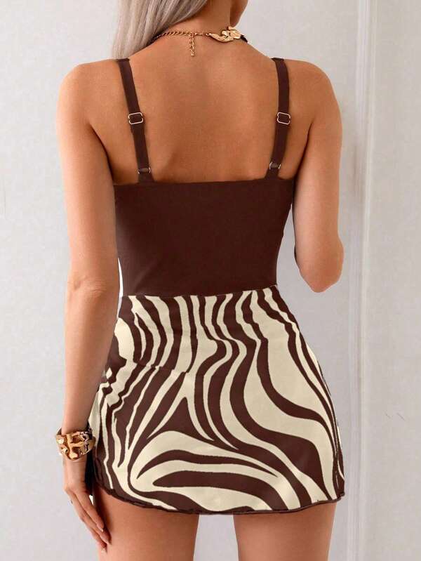 Tankini Com Saia Estampa Zebra Alças Ajustáveis