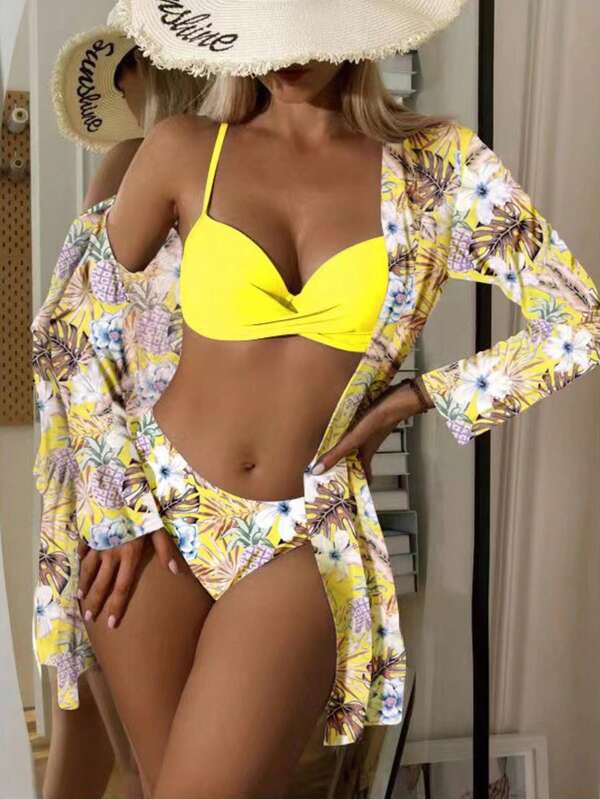 Conjunto Biquíni Top Transpassado Com Kimono Floral Resort
