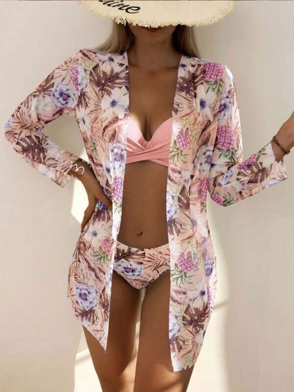 Conjunto Biquíni Top Transpassado Com Kimono Floral Resort