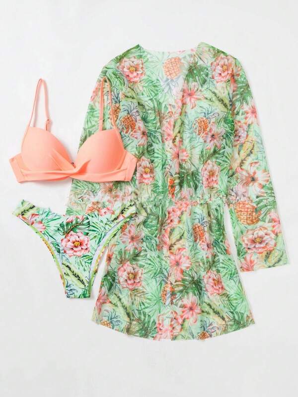 Conjunto Biquíni Top Transpassado Com Kimono Floral Resort