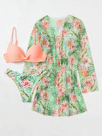 Conjunto Biquíni Top Transpassado Com Kimono Floral Resort