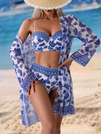Conjunto Biquíni Meia Taça Cintura Alta Kimono Floral Resort