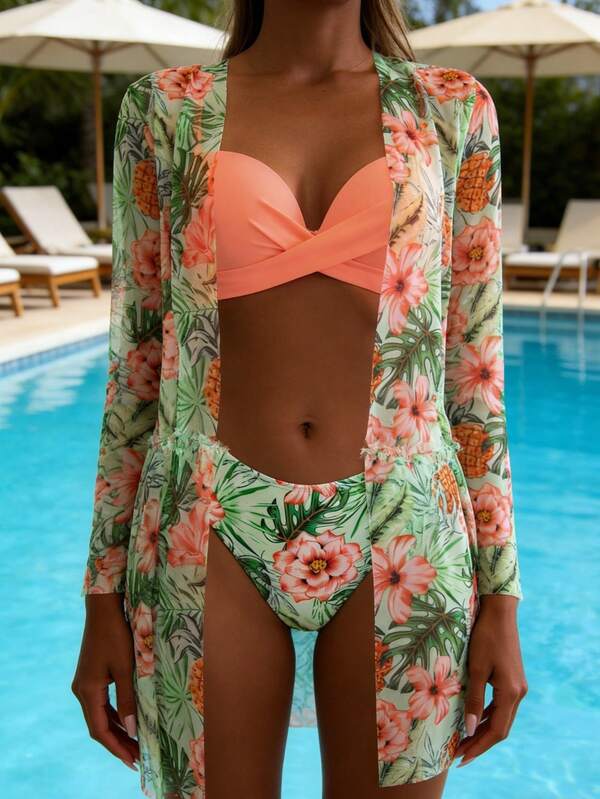 Conjunto Biquíni Top Transpassado Com Kimono Floral Resort