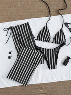 Conjunto Biquíni Cortininha Com Calça Pantalona Listrada