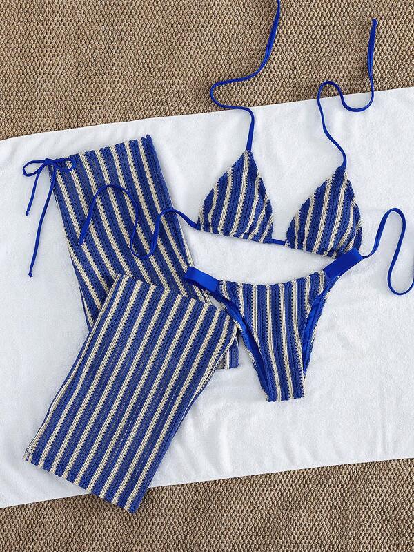 Conjunto Biquíni Cortininha Com Calça Pantalona Listrada