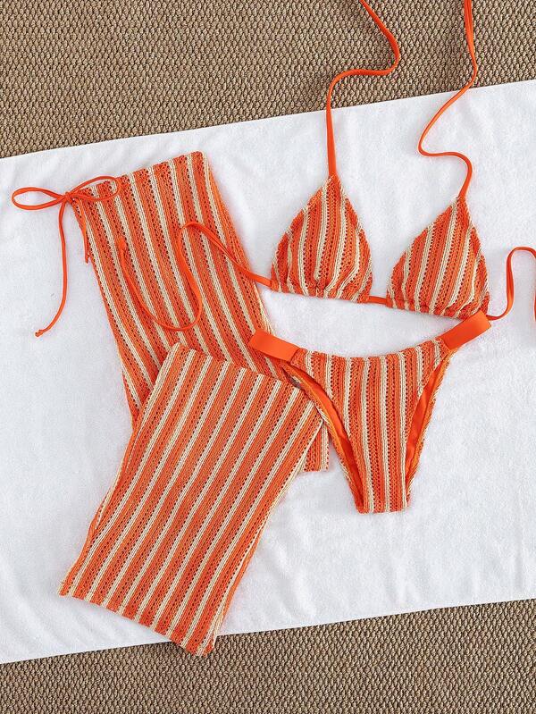 Conjunto Biquíni Cortininha Com Calça Pantalona Listrada