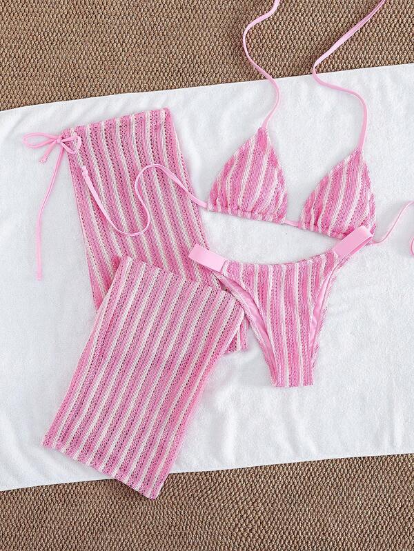Conjunto Biquíni Cortininha Com Calça Pantalona Listrada
