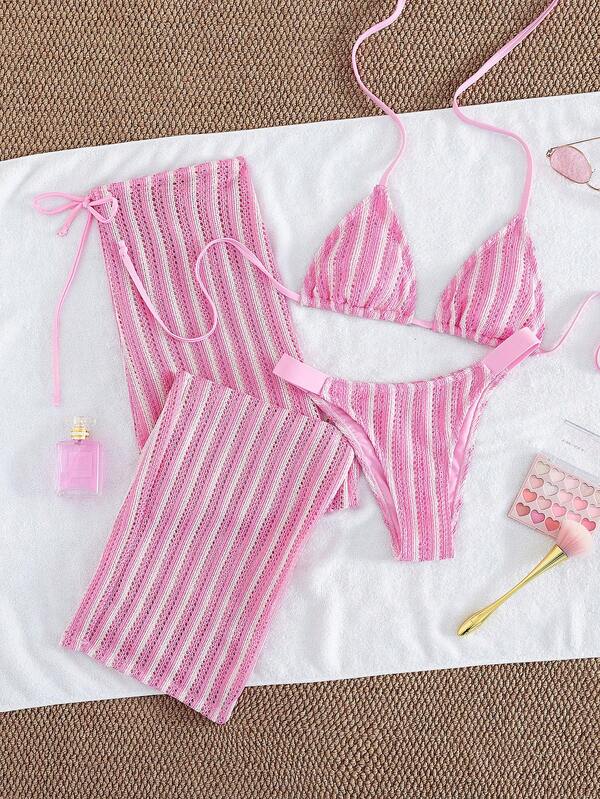 Conjunto Biquíni Cortininha Com Calça Pantalona Listrada
