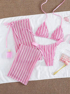 Conjunto Biquíni Cortininha Com Calça Pantalona Listrada