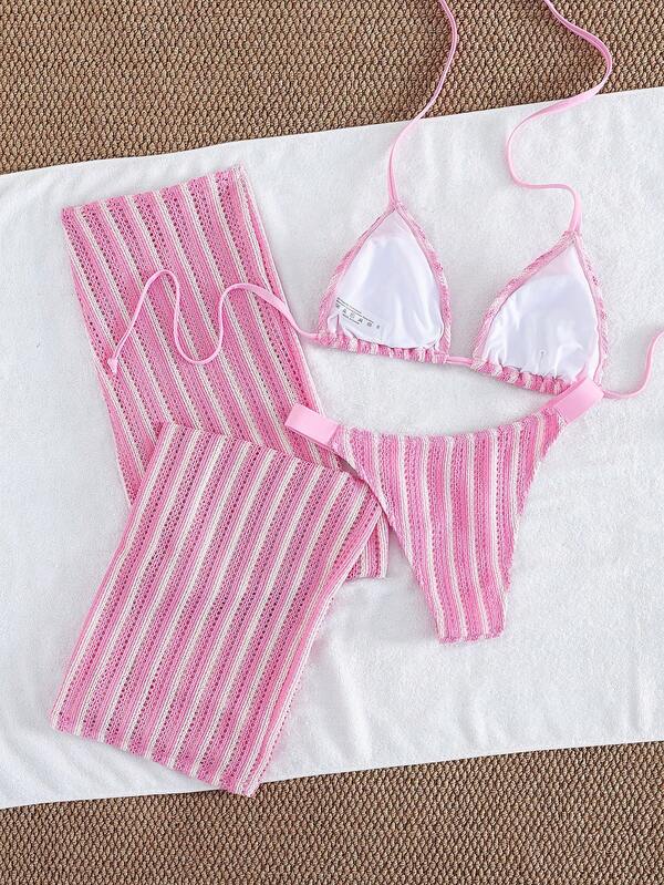 Conjunto Biquíni Cortininha Com Calça Pantalona Listrada