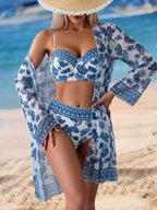 Conjunto Biquíni Meia Taça Cintura Alta Kimono Floral Resort