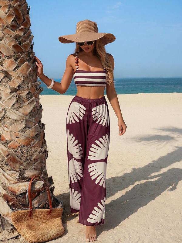 Conjunto Biquíni Top Faixa Com Calça Pantalona Estampada