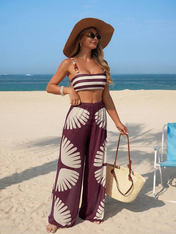 Conjunto Biquíni Top Faixa Com Calça Pantalona Estampada