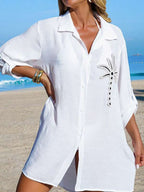 Saída De Praia Chemise Leve Com Bordado Tropical