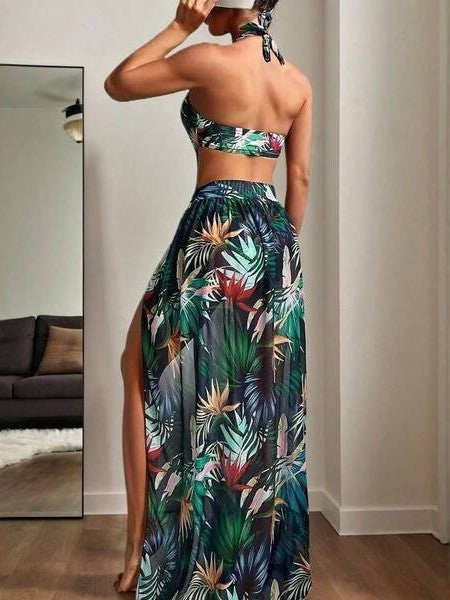 Conjunto Maiô Frente Única Com Saia Pareô Folhagem Resort