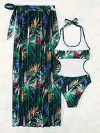 Conjunto Maiô Frente Única Com Saia Pareô Folhagem Resort
