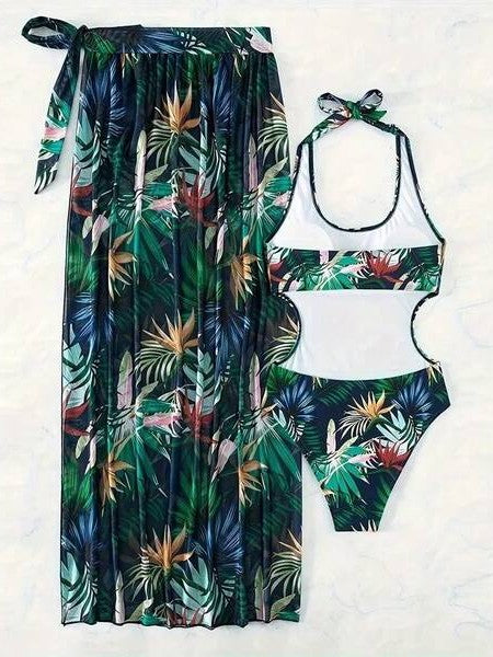 Conjunto Maiô Frente Única Com Saia Pareô Folhagem Resort