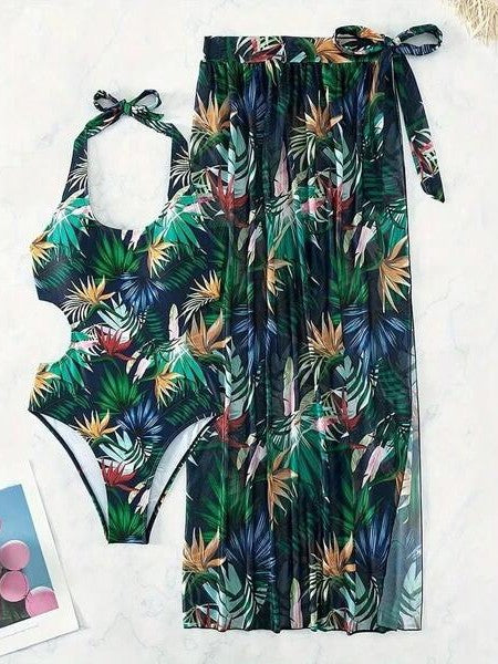 Conjunto Maiô Frente Única Com Saia Pareô Folhagem Resort